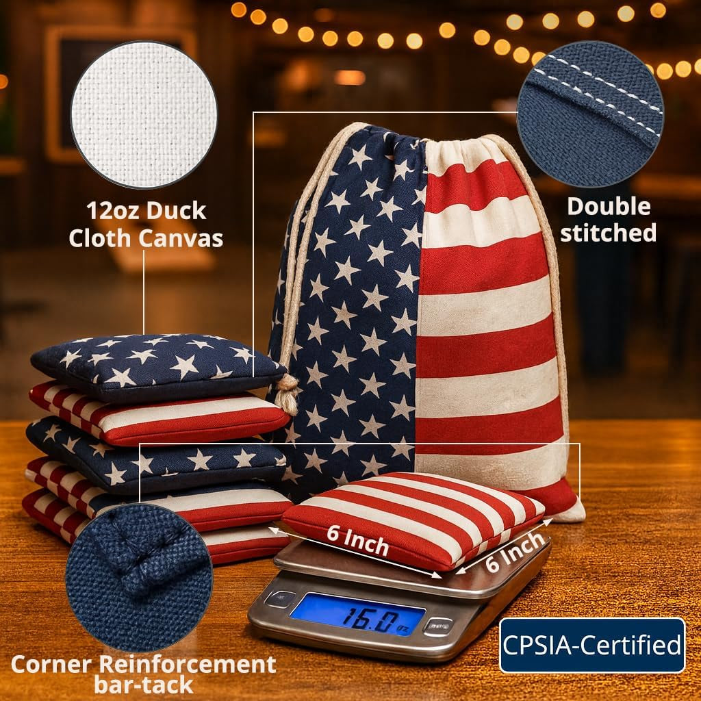 Regulation Cornhole Bean Bags: Professional American Flag Patriotic Outdoor Backyard Toss Game Set 8 Star and Stripes Family 25–44 Year Old