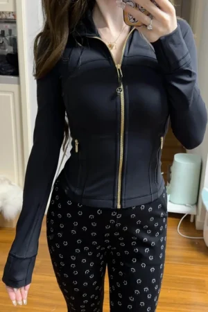 Women's Yoga Short Sports Jacket with Gold Zipper - Slim Fit Gym Workout Jacket