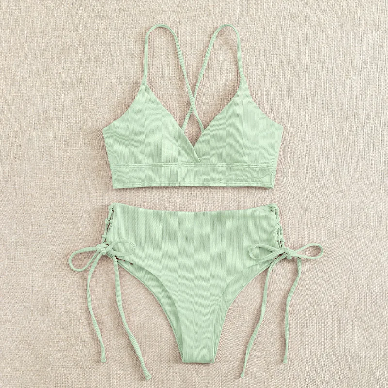 Cikini-V-Neck Split Bikini Set for Women, Sexy Swimsuit, Lace Up, Triangular Bikinis, Solid Color, Beach Swimwear, Bathing Suit - Image 2