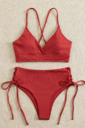 Cikini-V-Neck Split Bikini Set for Women, Sexy Swimsuit, Lace Up, Triangular Bikinis, Solid Color, Beach Swimwear, Bathing Suit