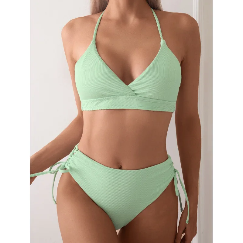 Cikini-V-Neck Split Bikini Set for Women, Sexy Swimsuit, Lace Up, Triangular Bikinis, Solid Color, Beach Swimwear, Bathing Suit - Image 3