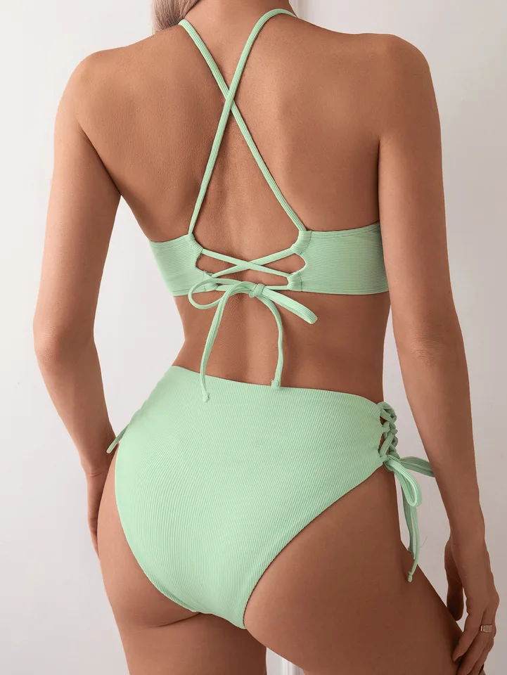 Cikini-V-Neck Split Bikini Set for Women, Sexy Swimsuit, Lace Up, Triangular Bikinis, Solid Color, Beach Swimwear, Bathing Suit - Image 4