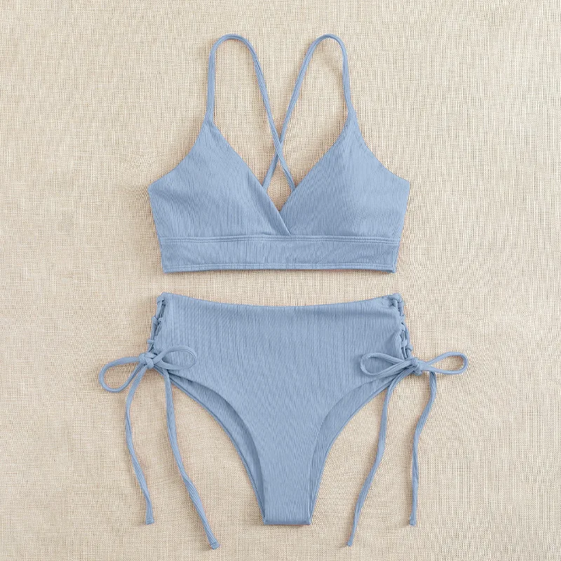 Cikini-V-Neck Split Bikini Set for Women, Sexy Swimsuit, Lace Up, Triangular Bikinis, Solid Color, Beach Swimwear, Bathing Suit - Image 6