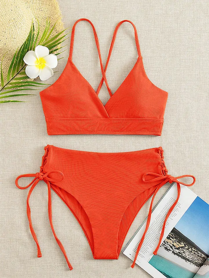 Cikini-V-Neck Split Bikini Set for Women, Sexy Swimsuit, Lace Up, Triangular Bikinis, Solid Color, Beach Swimwear, Bathing Suit - Image 5